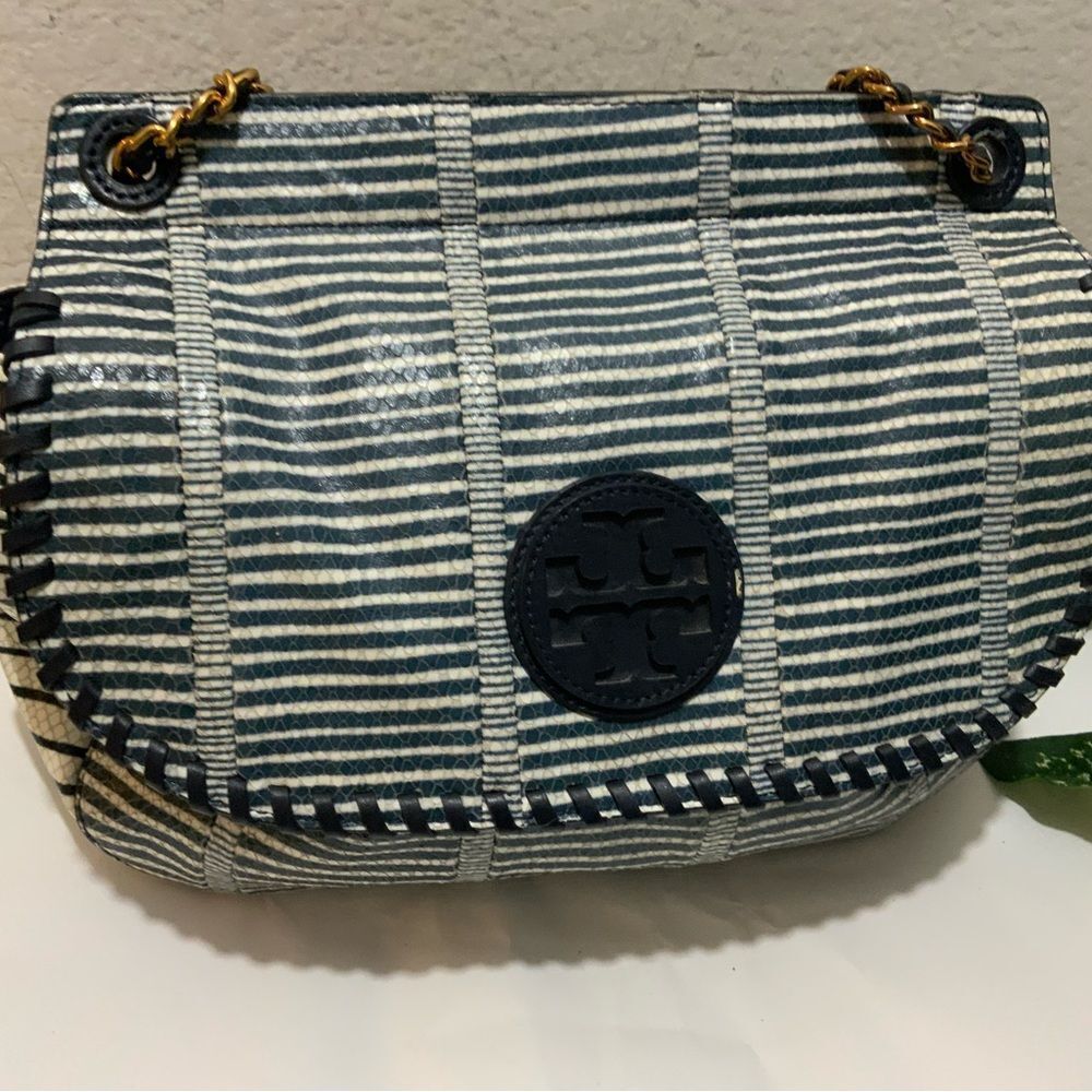 TORY BURCH MARION PATCHWORK SADDLEBAG Blue white liknew - Picture 10 of 16
